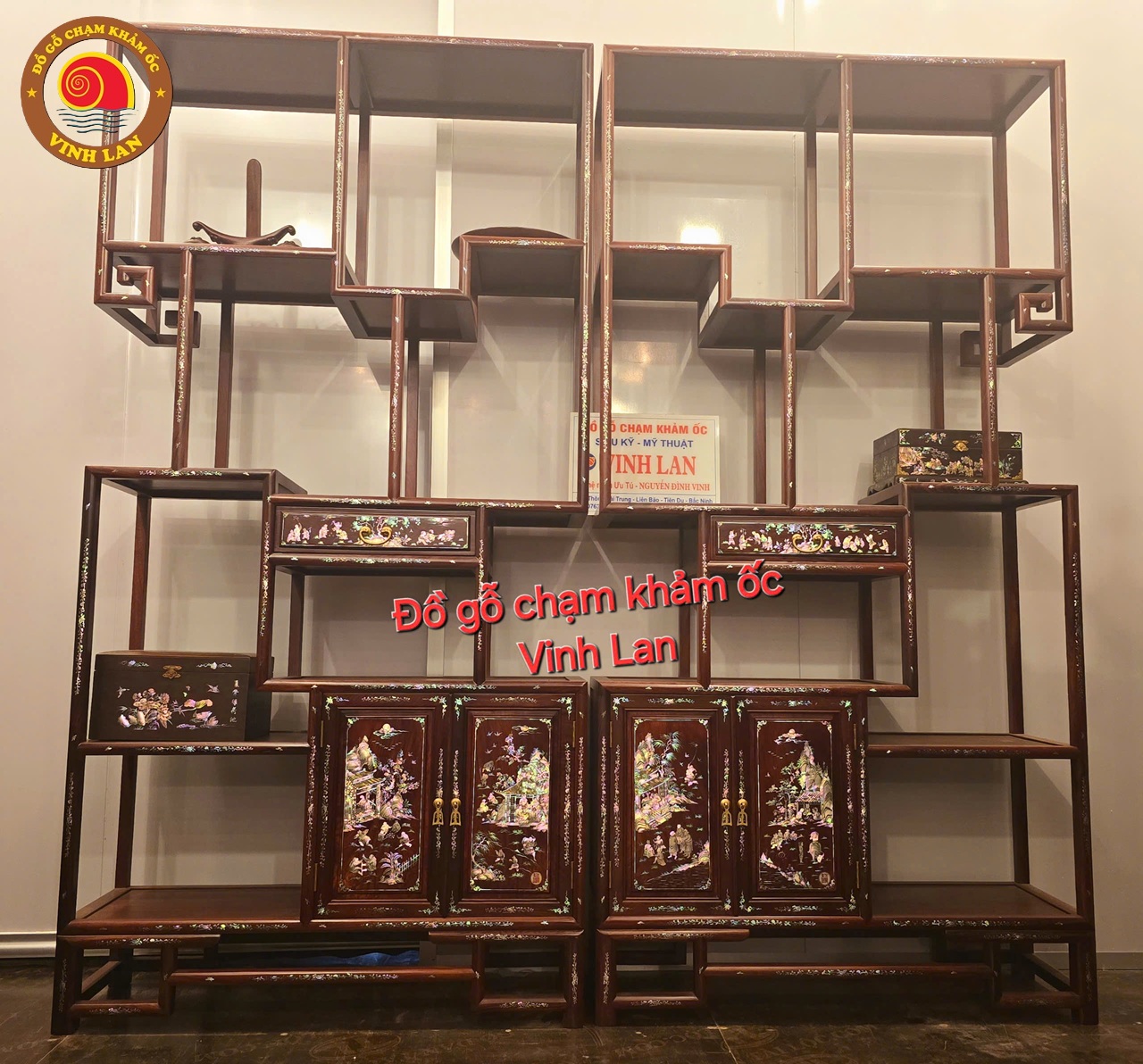 Tủ bày đồ gỗ cẩm Việt khảm các tích trò chơi văn hoá Việt Nam 